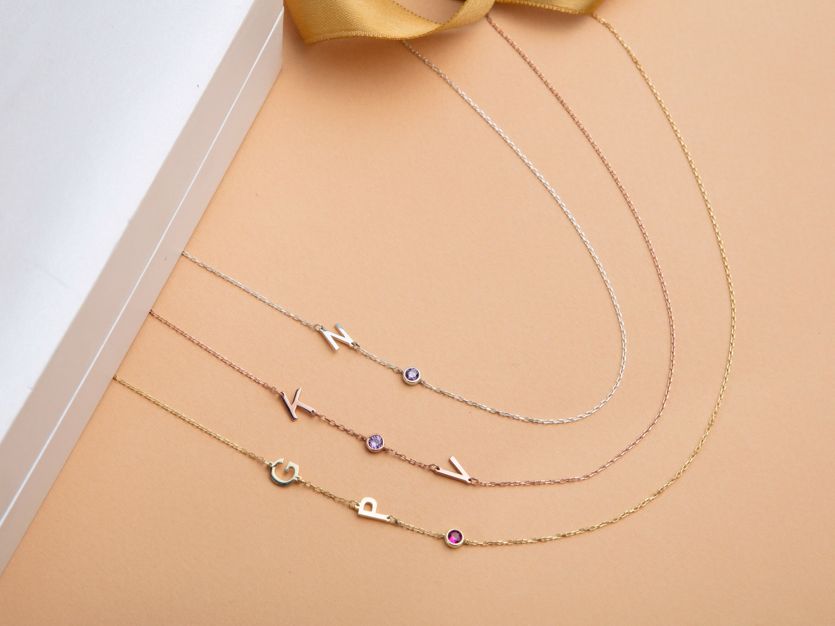 925 Silver Sideways Letter Birthstone Necklaces, 14K Gold Initial Pendant, Personalized Gift For Mothers, Valentines Day