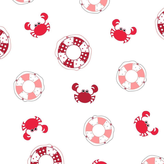 Maywood Kimberbell Vintage Boardwalk -Red On White -9713 Uw, By The Yard Life Preservers & Crabs Priced By 1/2 Precut 1 Yard