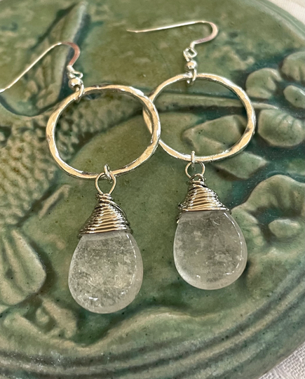 Silver Wire Wrapped Earrings, Natural Quartz Unique Gemstone Earrings Boho Jewelry, Hoop