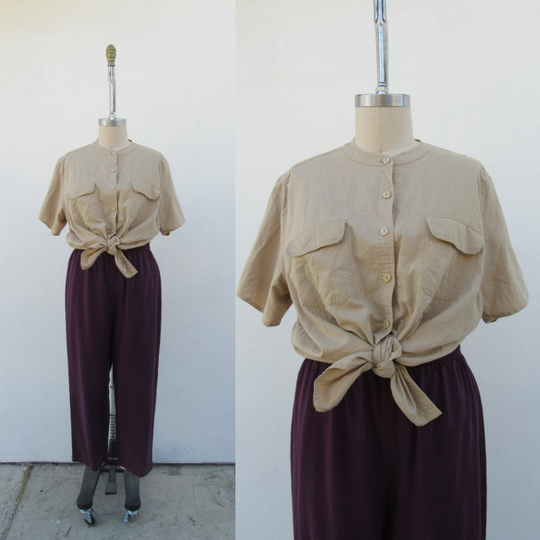 Plus Size 90S Linen Cotton Blend Pocketed Tan Button Front Blouse | Safari Shirt Size 22 24 3x