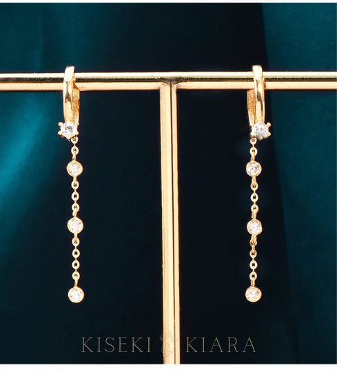 10K Solid Gold Short Dangle Drop Earrings, Minimal Trendy Hoop Dangling Earring, Swarovski Chain Dainty & Linear Earrings