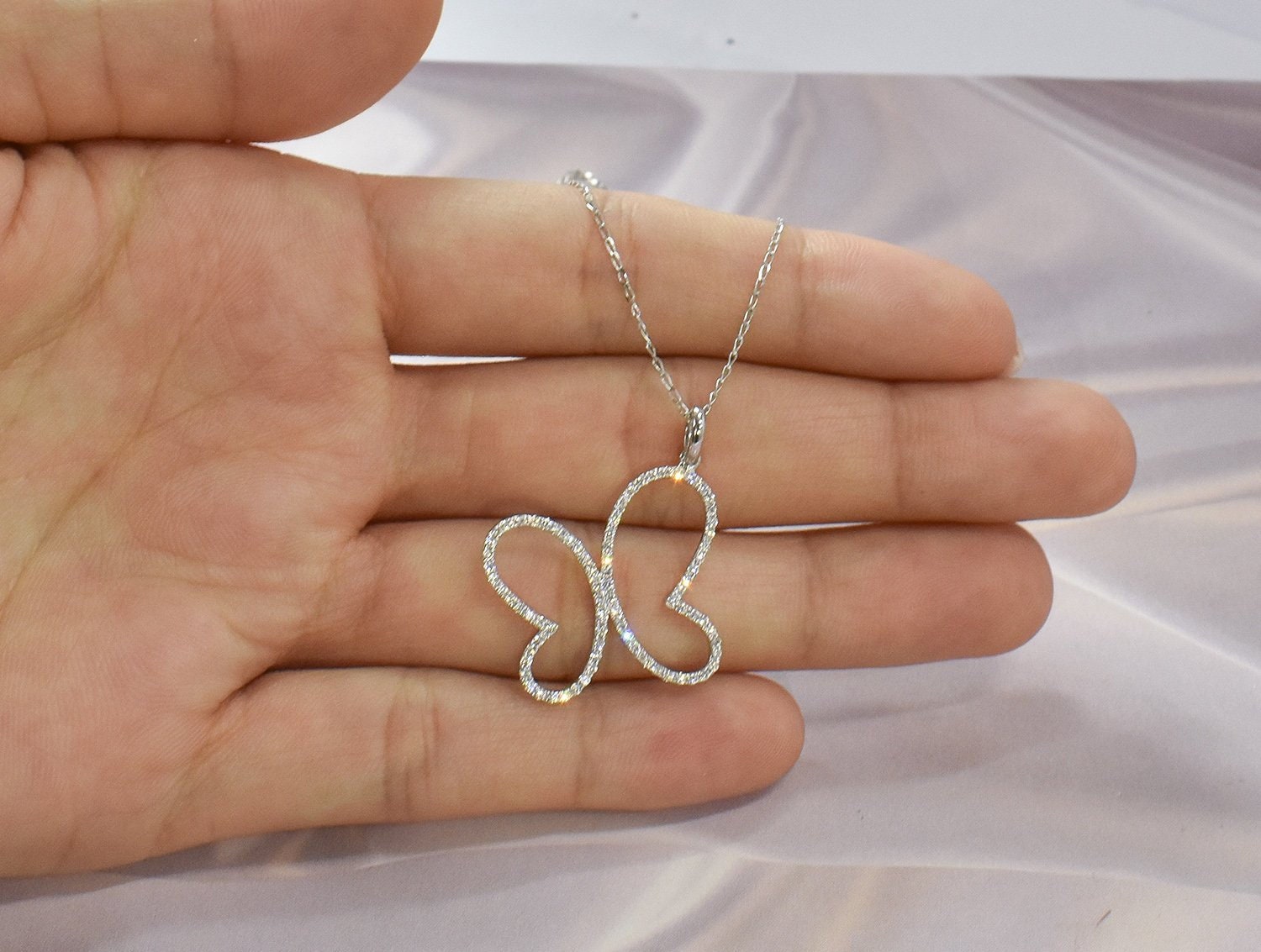 Diamond Butterfly Necklace 18K 14K 10K Solid White Gold/Natural Round 0.47Ct G Vs Clarity 16 Length Valentine Gift