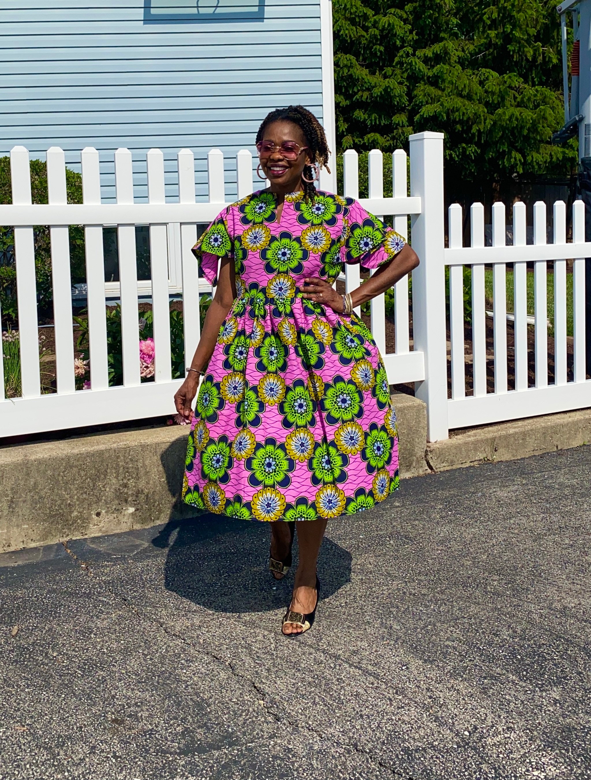 Floral Women's Dress African Wax Print For Women Ankara Flare Sleeves Fashion Green & Pink Summer Ora Dr