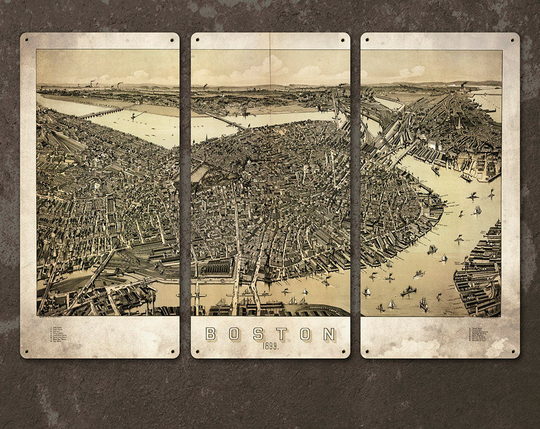 Vintage Map Of Boston Metal Triptych 48x32" Free Shipping