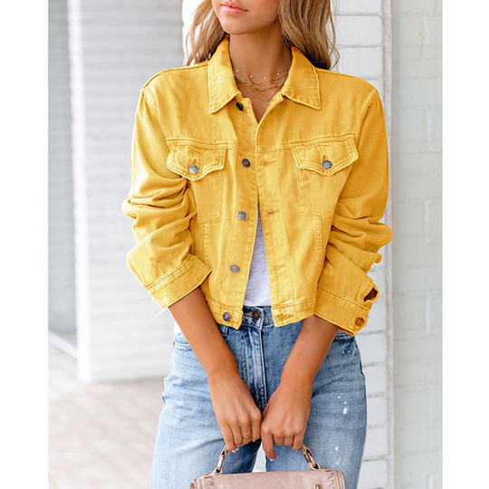 New cotton blend solid denim jacket long sleeve top - Yellow, M