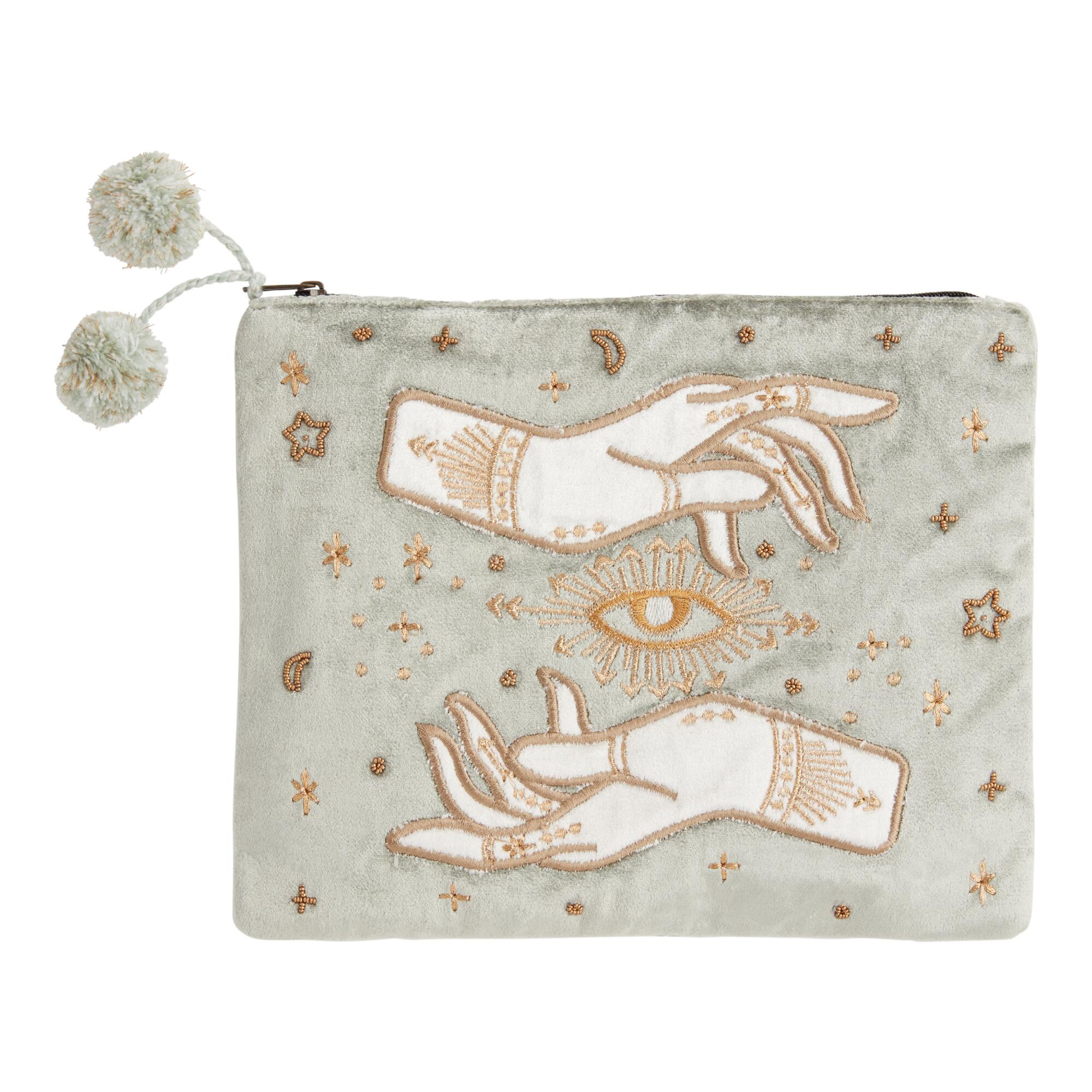 Sage Green Velvet Celestial Hand And Evil Eye Pouch by World Market