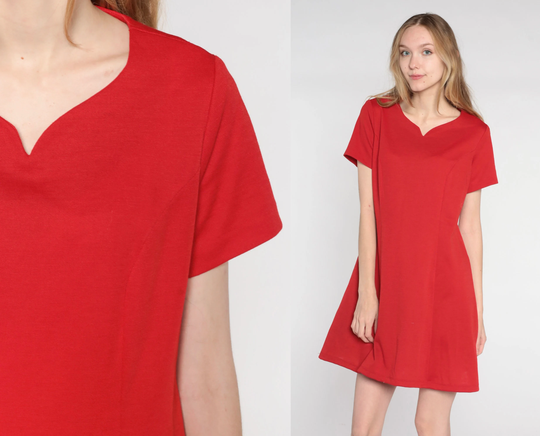 Red Shift Dress 70S Wool Blend Mod Mini Retro Knit Day Space Age Plain Basic Casual Minimal Short Sleeve Vintage 1970S Large L