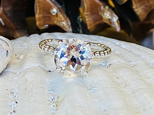 14K White Topaz Ring, Round Large Topaz, Sterling Silver Ring