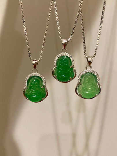 Silver Buddha Necklace, Dainty Sterling Stamped Genuine Jade Charm, Silver Box Chain Necklace