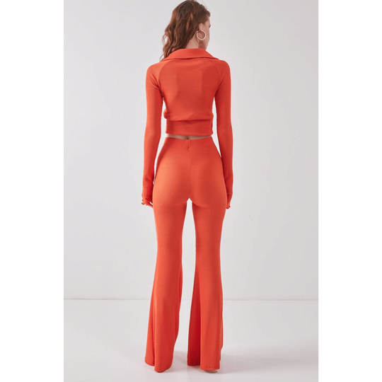 High Waist Ribbed Orange Palazzo Flare Leggings, Comfortable & Strech Pants, Leggings For Women