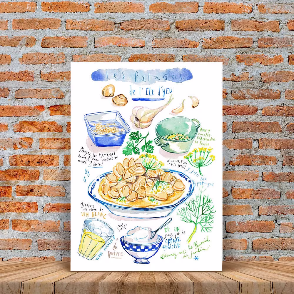 Ile D'yeu Poster, Watercolor French Clam Chowder, France Atlantic Coast Food Print, Blue Kitchen Art, Cuisine, Cottage Decor