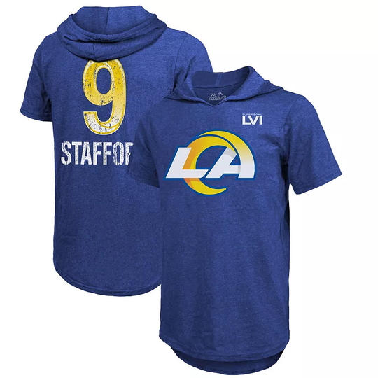 Men's Majestic Threads Matthew Stafford Royal Los Angeles Rams Super Bowl LVI Name & Number Short Sleeve Hoodie T-Shirt, Size: Medium, Blue