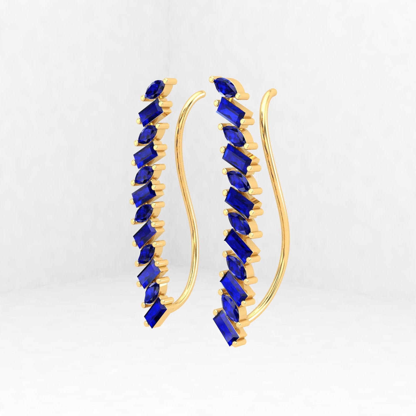 Blue Sapphire Ear Climbers, 14K Helix Piercing, Baguette Curved Earrings, Cartilage Earring, Piercing