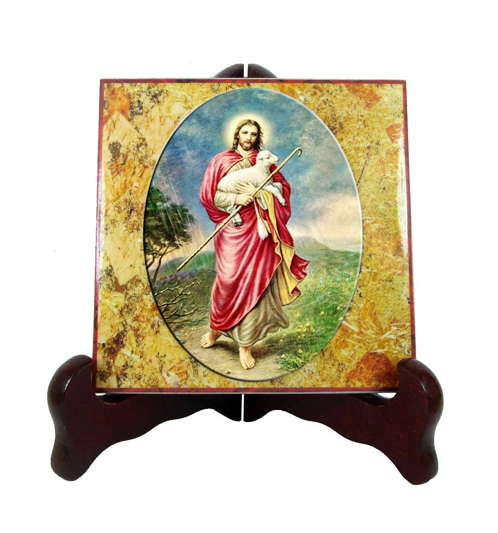 Religious Art - Jesus The Good Shepherd Christian Ceramic Tile Made in Italy Lamb Of God Gift For Priest