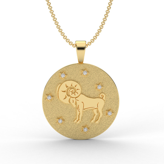 Aries Zodiac Coin Necklace/ 18mm Horoscope Sign Round Disk Medallion/ Aries Astrological Constellation Amulet/ 2 Sides, 7 Diamonds, 14K 18K