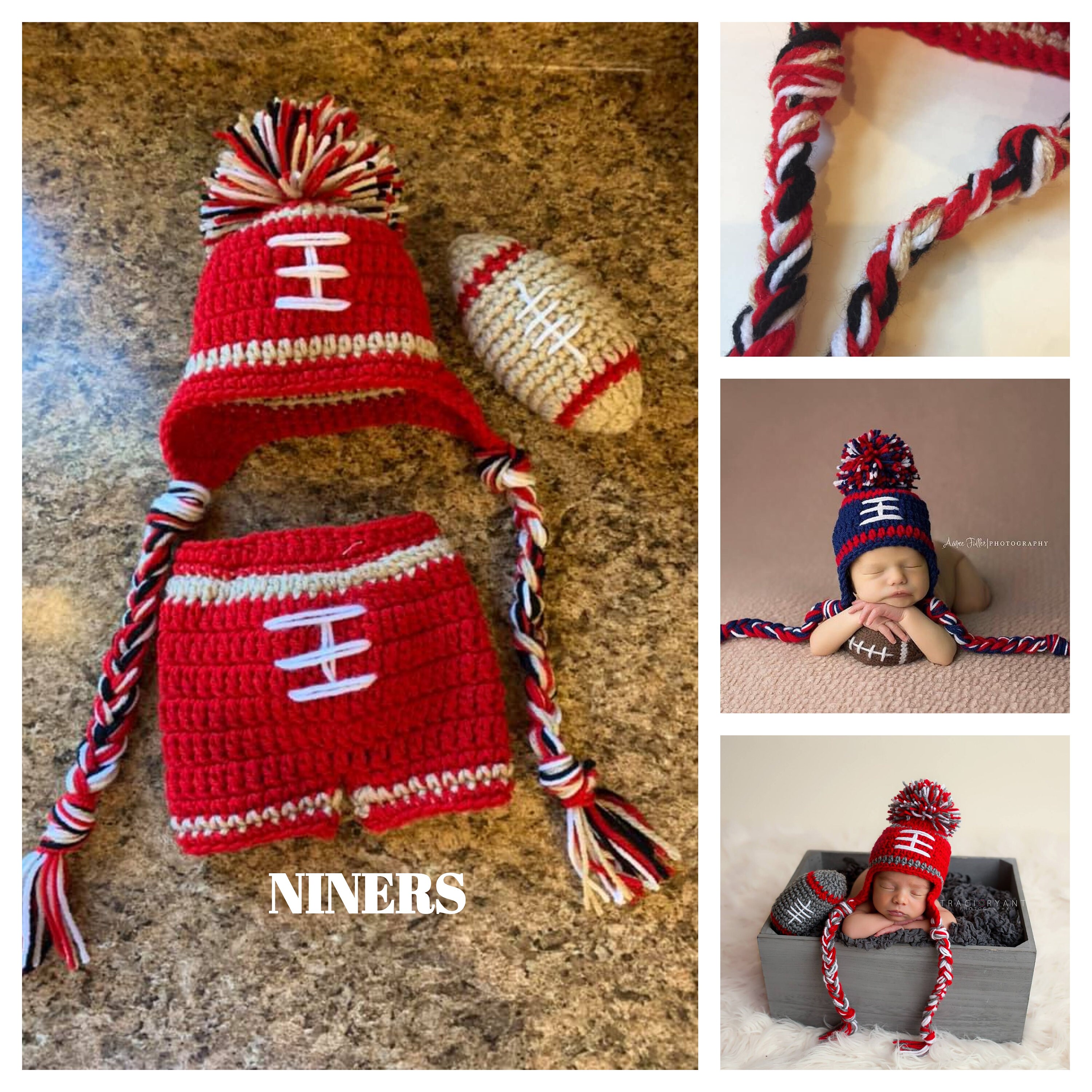 San Francisco 49'ers Baby Boy Hat Football Newborn Girl Crochet With Ear Flaps 0 3 6 12 Months Steelers Browns Photo Prop Niners Rams Bills