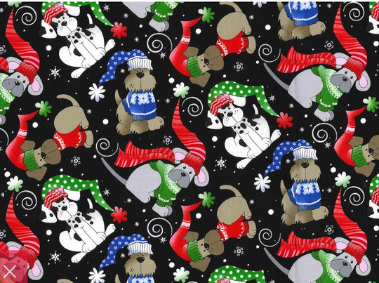Christmas Winter Dogs Black Cotton Fabric 100%