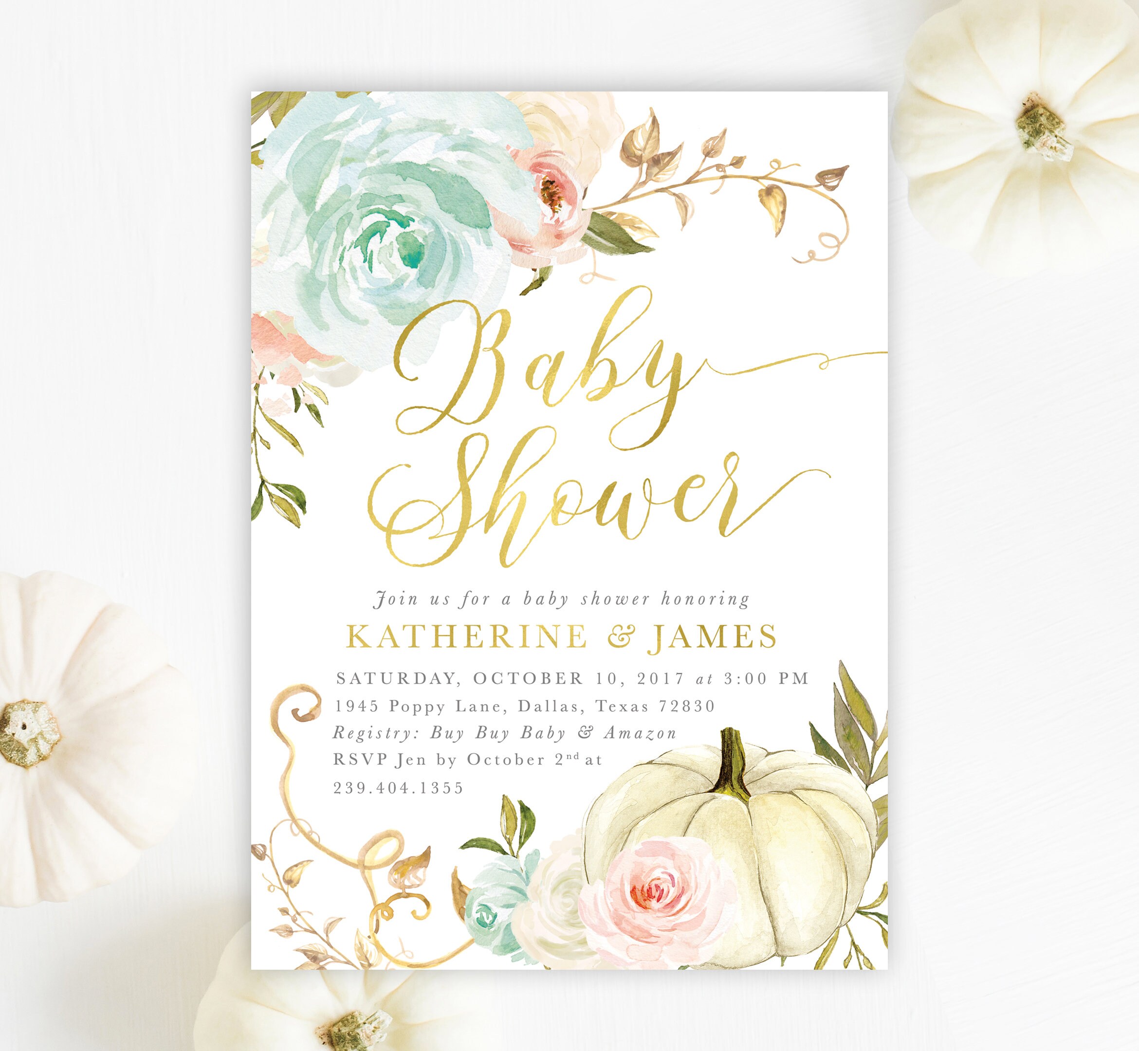Fall Baby Shower Invitation, Pumpkin Invite, Boy Shower, Girl White Pumpkin, Pink & Blue Roses - 13