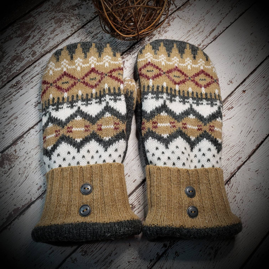 Upcycled Wool Blend Mittens Fleece Lined From Recycled Sweaters Tan Aztec Felted Sweater Mittens-Womens Accessories Stocking Stuffers