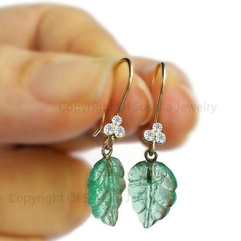 Leaf Design Zambia Emerald Gemstone Trio Diamond Dangle Hook Earrings Solid 14K Yellow Gold Minimalist Unique Jewelry