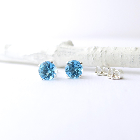 Swiss Blue Topaz Stud Earrings Small Silver December Birthstone Gemstone Post 6mm Jewelry Handmade