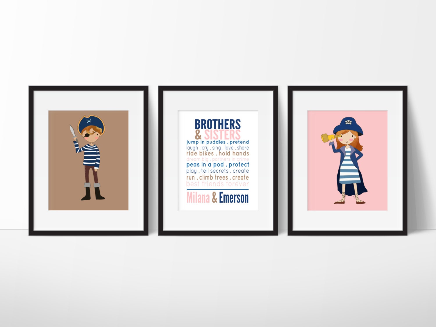 Brothers & Sisters Wall Art - Mermaid Pirate Prints Shared Bedroom Nautical Room Decor Playroom Sibling