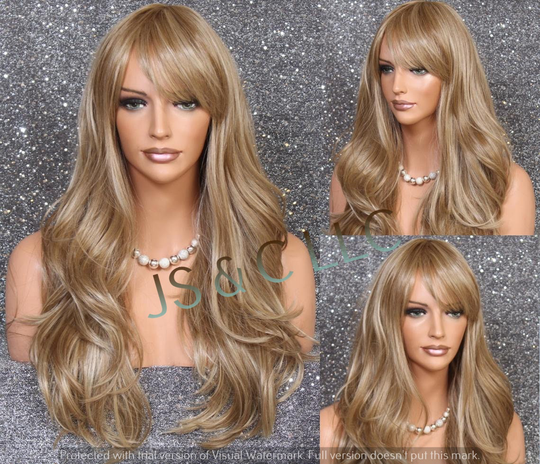 stunning Human Hair Blend Wig Golden & Ash Blonde Mix Long Layered Bangs Wavy Full Heat Resistant 28" Curly Cancer/Alopecia/Cosplay