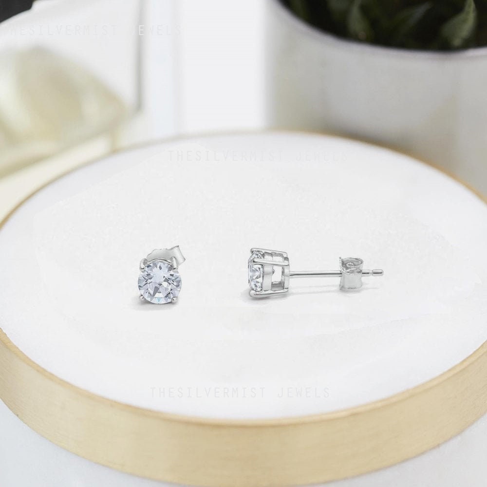 White Sapphire Stud, Lab Created Earrings, 925 Sterling Silver Studs, Stud For Women, Birthday Gift For Her, Womens Gift, Minimal