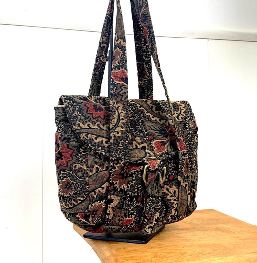 Handmade Tapestry Handbag Interior Compartments Dark Colors Black Burgundy Red Gold Yellow & Tan Roomy Medium Size Brass Hardware