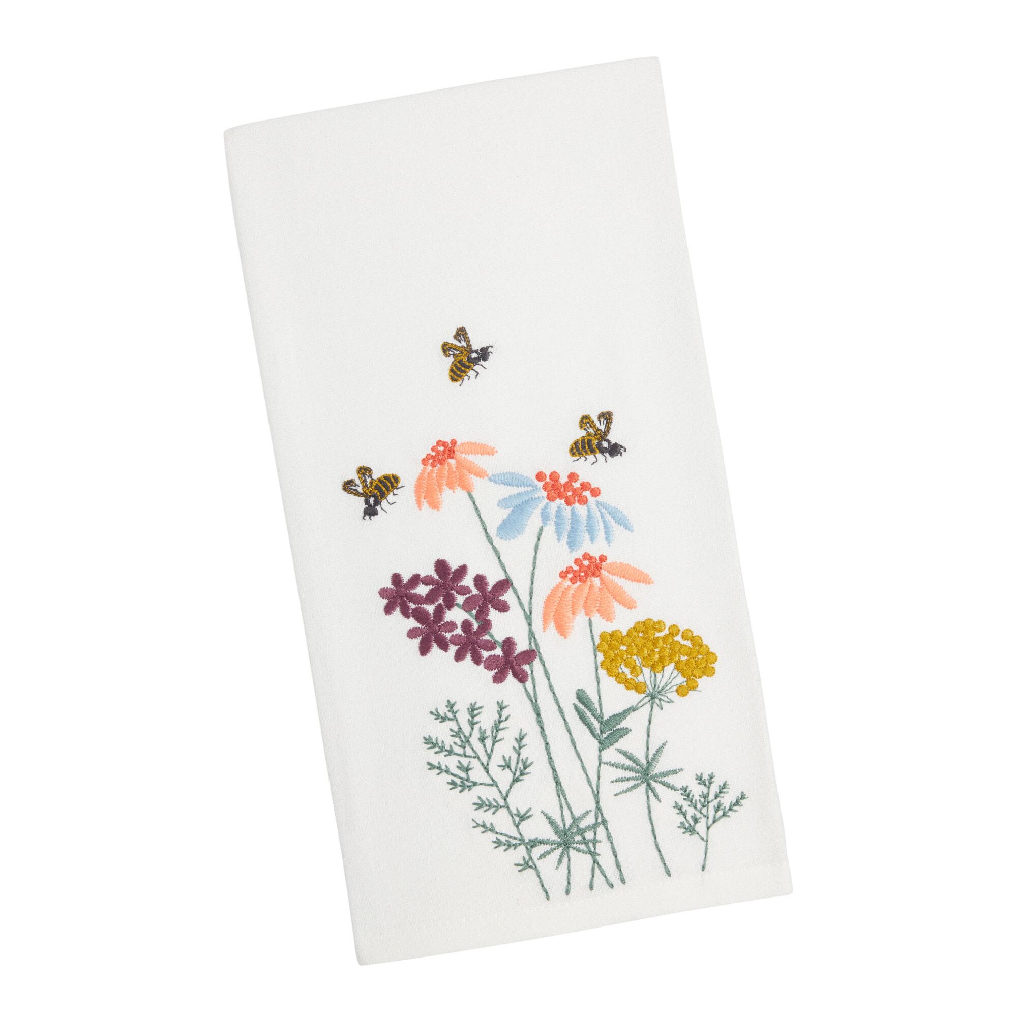 Embroidered Bee and Flowers Kitchen Towel Set of 2 - Cotton by World Market