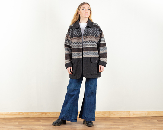 Geometric Pattern Coat Wool Blend 80S Blanket Coat Button Up Oversized Jacket Boho Outerwear Vintage Clothing Size Extra Large