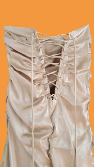 Long Beige Satin Frills & Back Laced Strapless Dress S + M