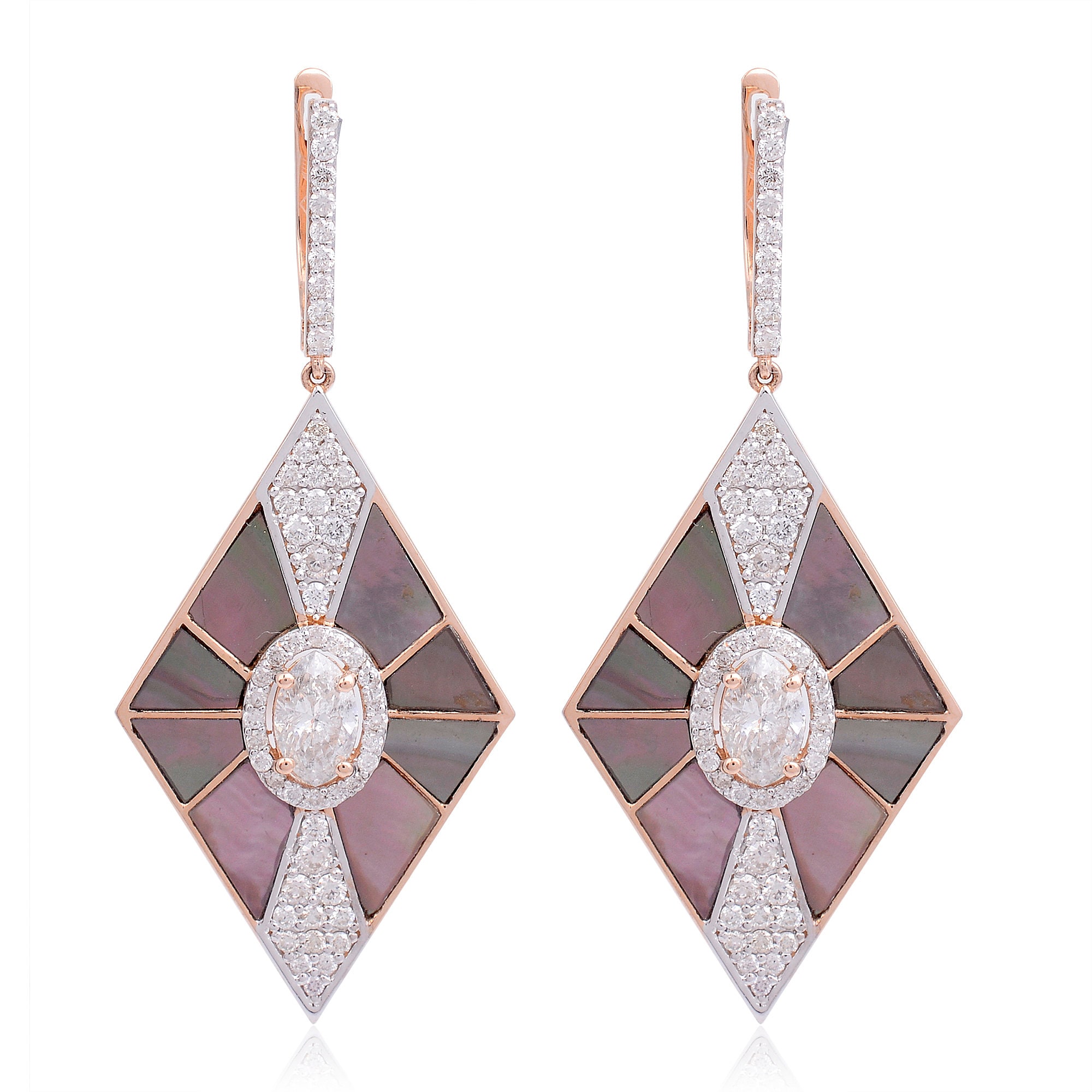 Diamond Square Earrings /Drop/Enamel Dangle Real 14K Gold Hi/Si Pave