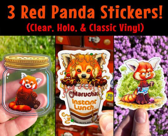 Red Panda Sticker Pack Transparent, Holographic & Classic Vinyl Stickers Waterproof Ramen Maruchan Instant Lunch in Jar Cute