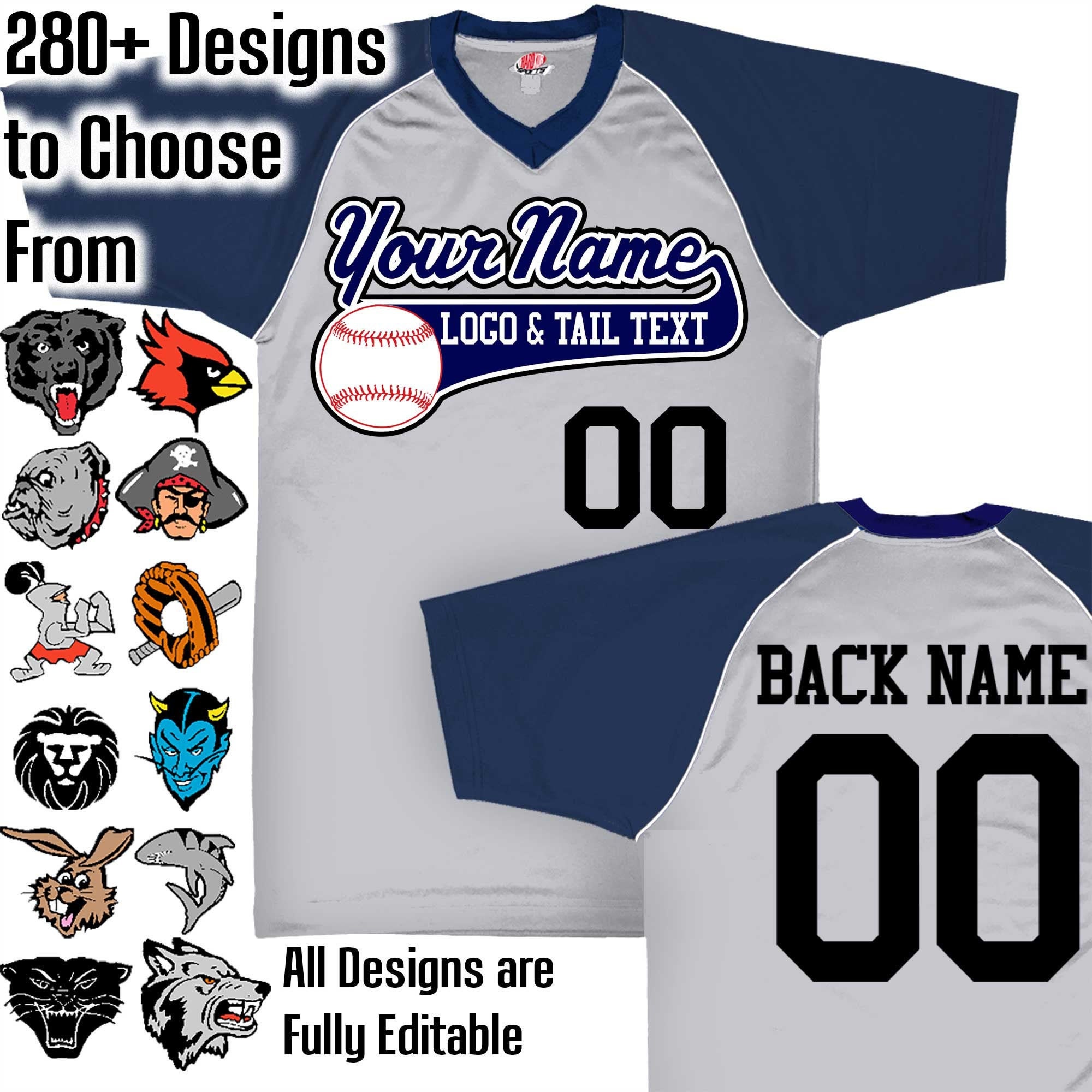 Silver Grey, Navy Blue & White Customizable Baseball Jersey With Your Team, Player Name Numbers Custom Logo