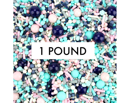 Prep School Sprinkle Blend 1 lb - Jimmies, Non-Pareils, Pearls, Candy Beads, Sixlets, Dots, & Dragees in Pink, Blue, Silver, Gray & White