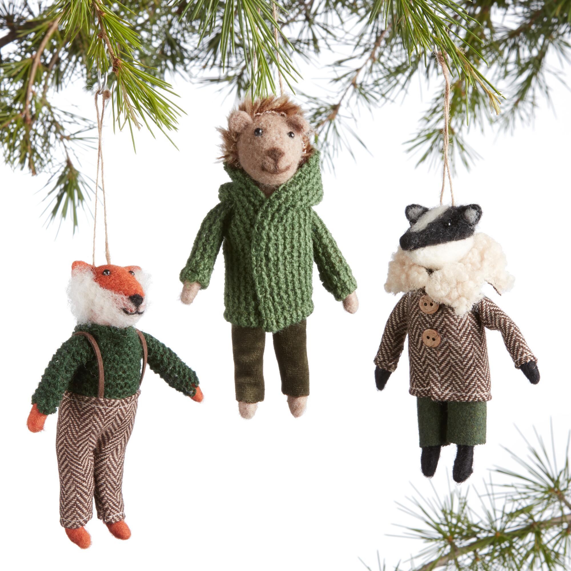 Felted Wool Dapper Woodland Animal Ornaments Set of 3: Multi by World Market