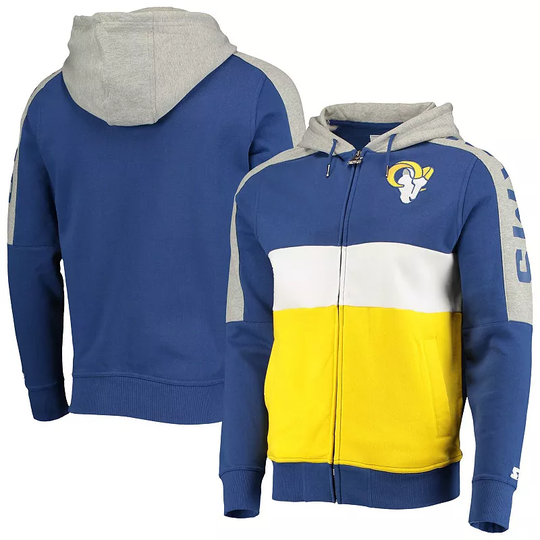 Men's Starter Royal/Gold Los Angeles Rams Playoffs Color Block Full-Zip Hoodie, Size: Large, Blue