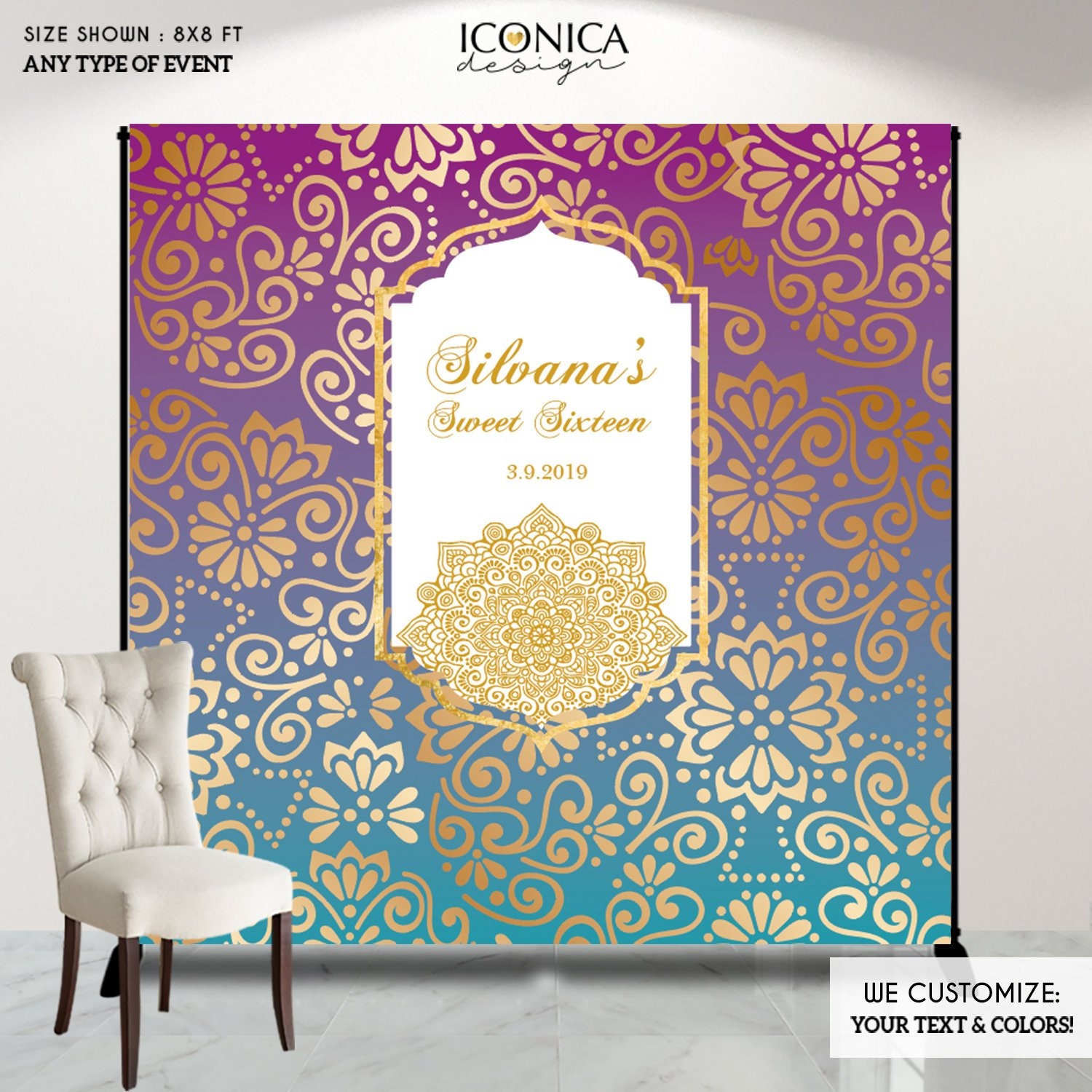 Moroccan Sweet Sixteen Backdrop, Arabian Nights, Henna Party, Muslim Wedding, Hindu Wedding, Purple Teal Party Decor, Printed Or Printable File