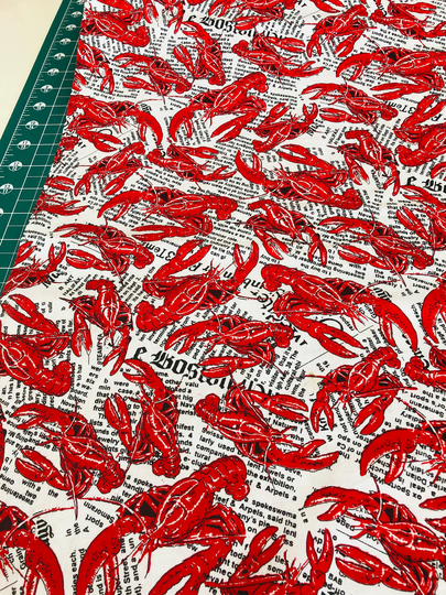 Fabric Foust Textiles Lc-12 Red Lobsters On A Newspaper Background Seafood, Shellfish New England