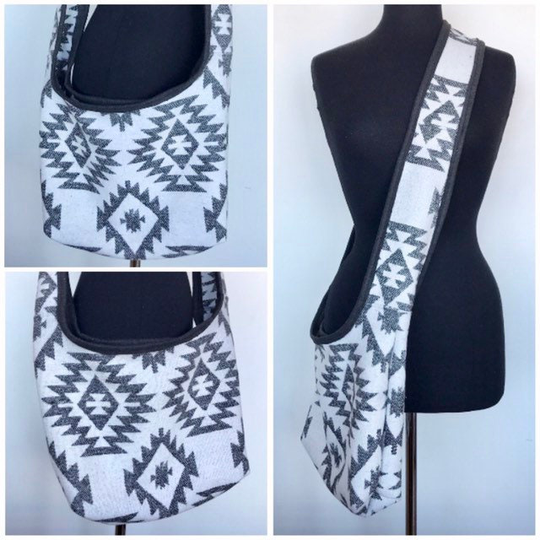 Wool Blend in White & Dark Grey Southwest Print Sling Bag