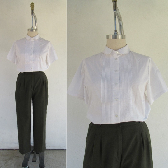 80S 90S Stark White Cotton Blend Button Front Blouse | Peter Pan Collar Shirt Pintuck Minimal Top Xl Size 12 14