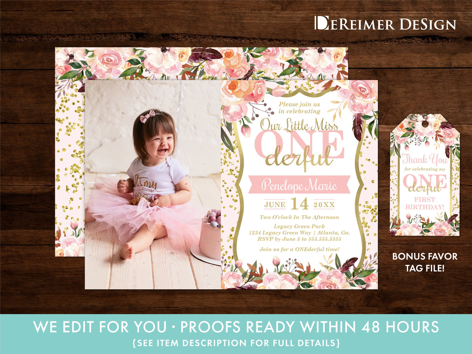 Miss Onederful First Birthday Party Invitation in Pink & Gold, Boho Flowers, Feathers, Personalized Invite, Bonus Favor Tag File, U01