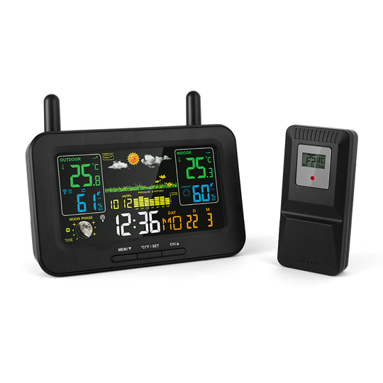Wireless Color Screen With Air Pressure Radio Clock Indoor And Outdoor Temperature And Humidity LCD Electronic Alarm Clock - black, us plug