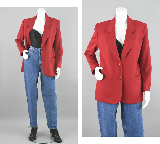 90S Boyfriend Blazer, Red Wool Blend Lightweight Outer Coat, 80S Napa Studio Vintage, Women's Petite Size 14
