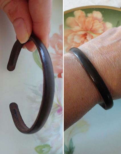 Vintage Leather Cuff Bracelet Narrow Dark Brown Over Metal For Adjustability Nice Quality Artisan Estate Jewelry