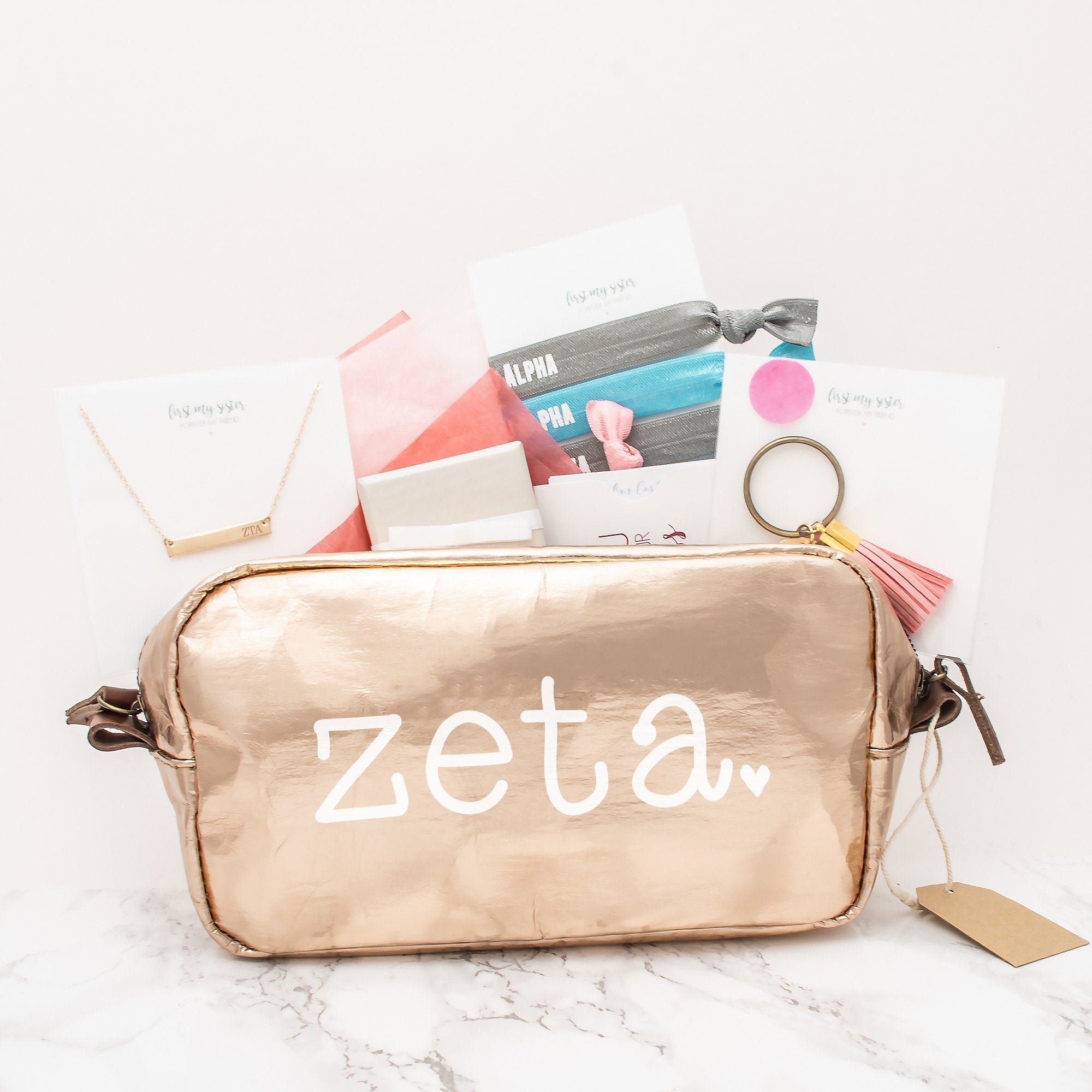 Zeta Tau Alpha Gift Set, Zta Sorority Gifts Bundle, Greek Pack With Bag, Bar Necklace, Rings, Hair Ties & Keychain