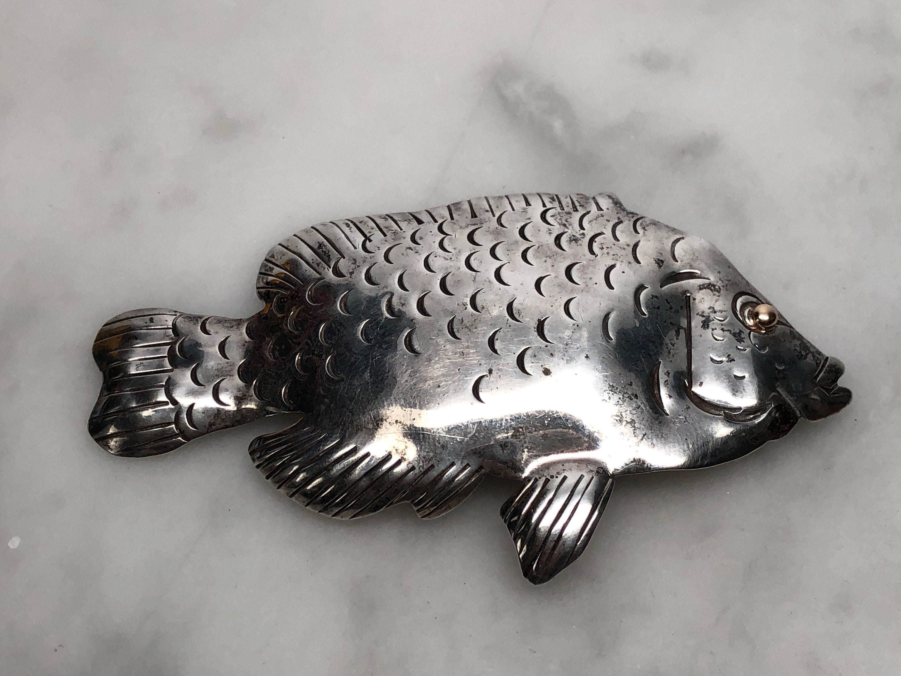 Large Mr. Grouper Fish Brooch Pendant Combo, Sterling Silver, 14K Gold, Signed Autumn, 1989