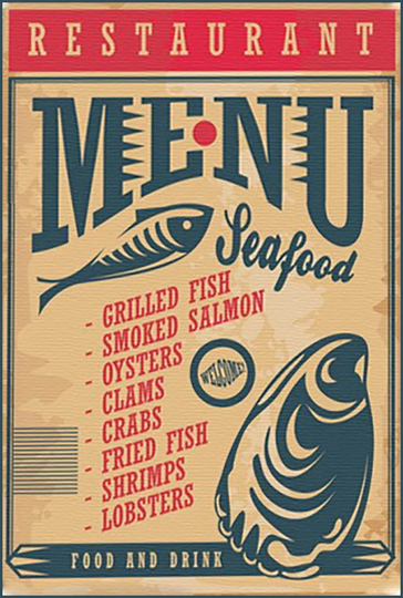 Metal Seafood Menu Sign Salmon, Fish, Fried Oysters, Clams, Crabs, Lobster