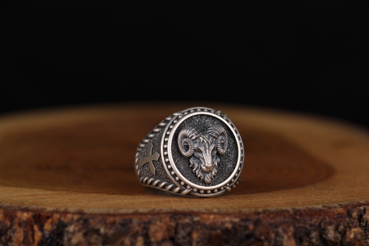 Handmade Silver Ram Ring, Aries Head Signet Cross Viking Nordic Men Accessory Minimalist Gift For Him